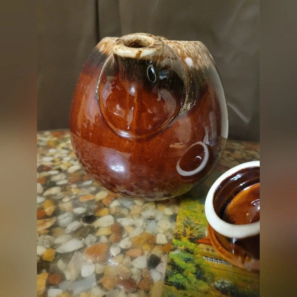 Vintage Hull Pottery Brown Drip Ball‎ Shaped Tea Pot & Lid with plate USA